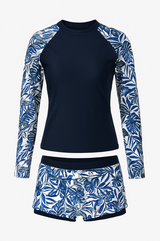 Tropical Long Sleeve Swim Set – Navy & Blue Leaf Print