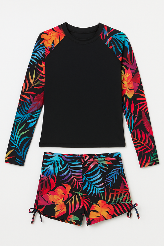 Vibrant Tropical Long Sleeve Swim Set – Adjustable Shorts